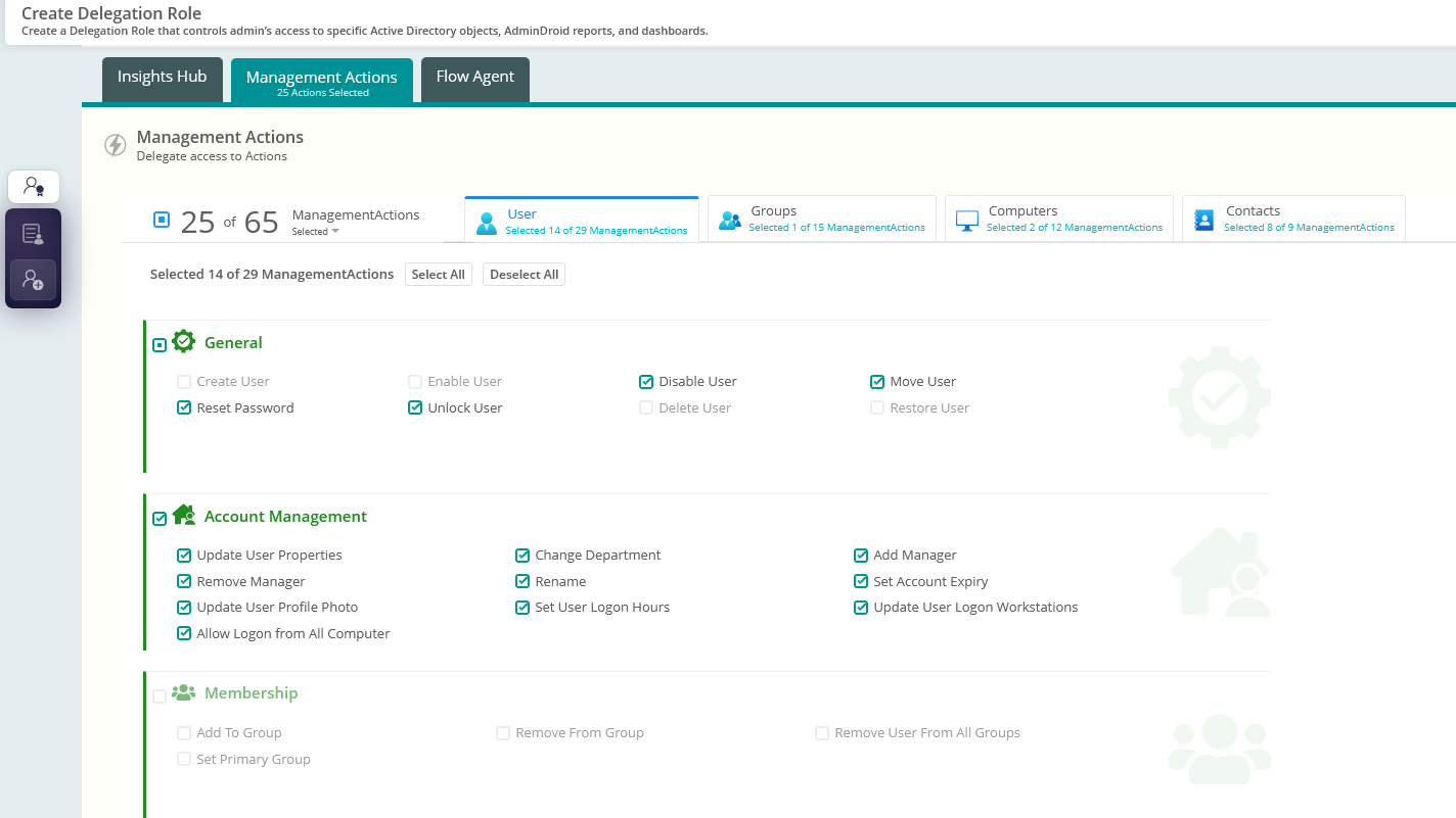 Delegate specific reports and actions